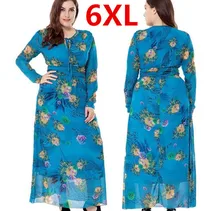 Plus la Taille 6XL Longue Maxi Femmes Automne Robes Bleu Fleur bohème Robe Robe Femme En Mousseline de Soie Robes Verano Femmes Grande Taille 6XL