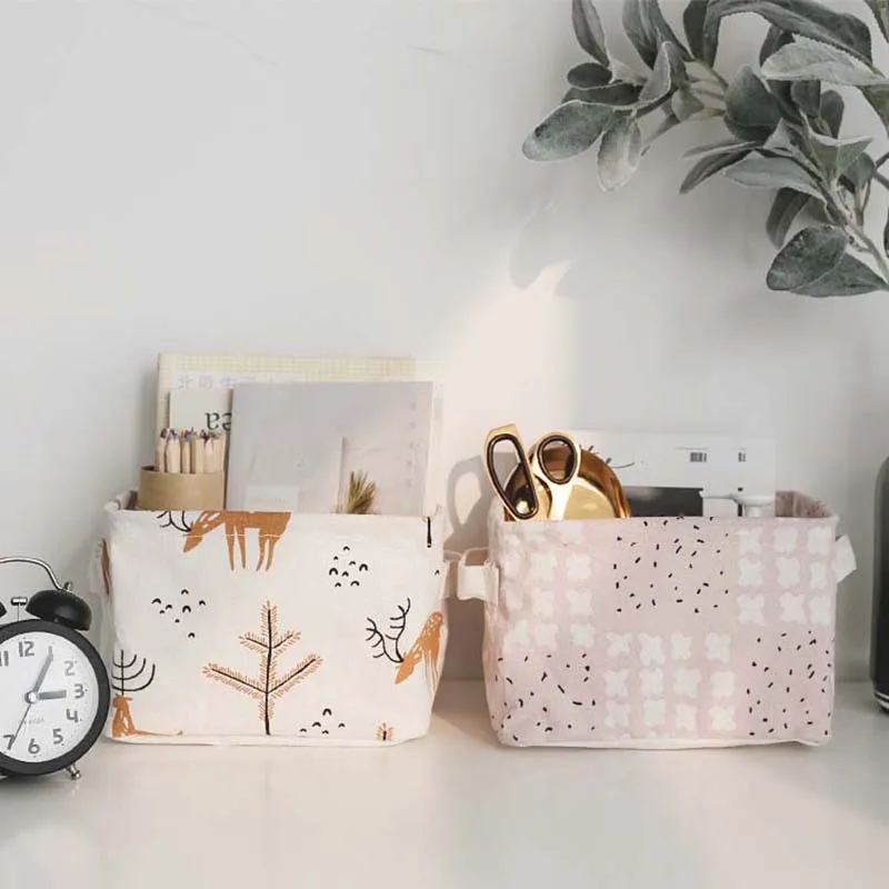 

Desktop Storage Basket Cute Printing Waterproof Organizer Cotton Linen Sundries Storage Box Cabinet Underwear Storage Bag 1piece