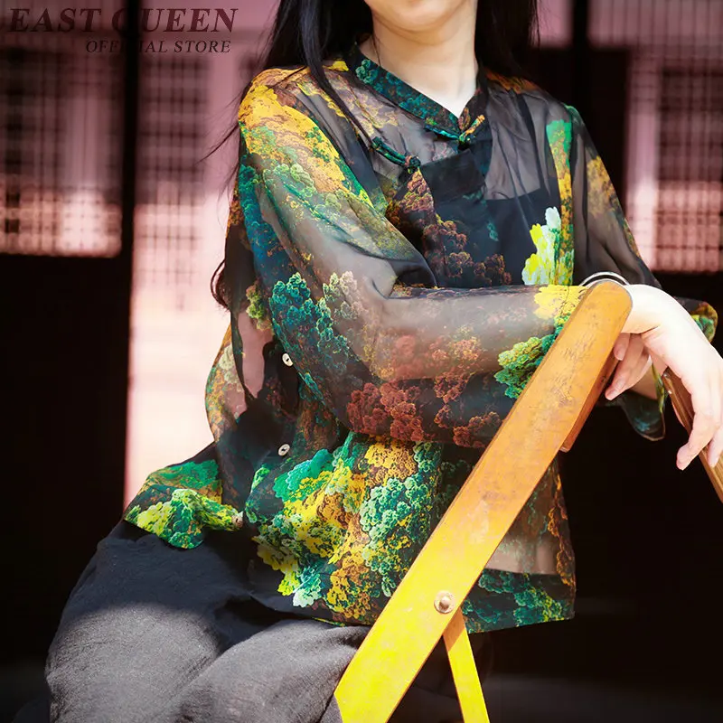 floral print cheongsam top Chinese traditional women linen clothing top vintage dress 50s qipao blouse KK284 Q