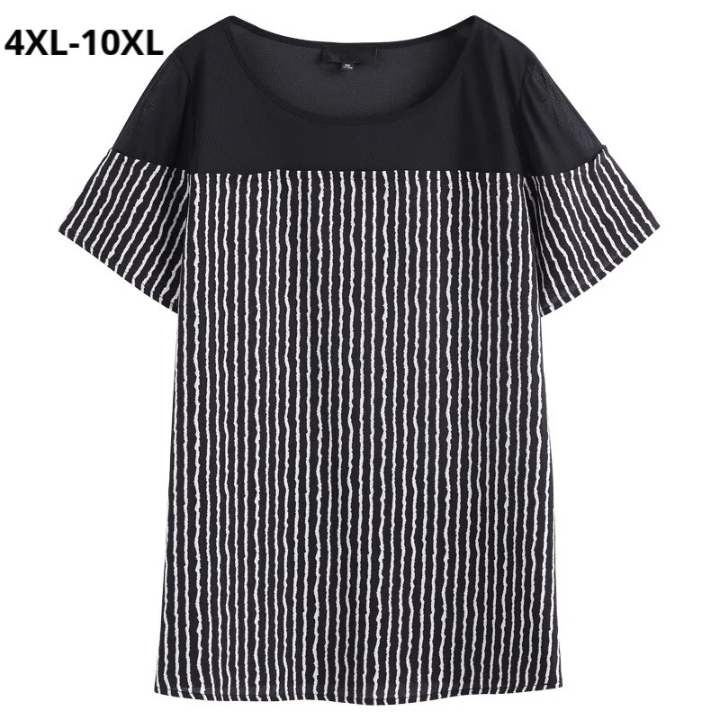 

Plus Size 10XL 9XL 8XL 5XL Women Short Sleeve Tshirts Female Patchwork Striped Slim Casual Tee Tops Big Size T Shirts Feminina