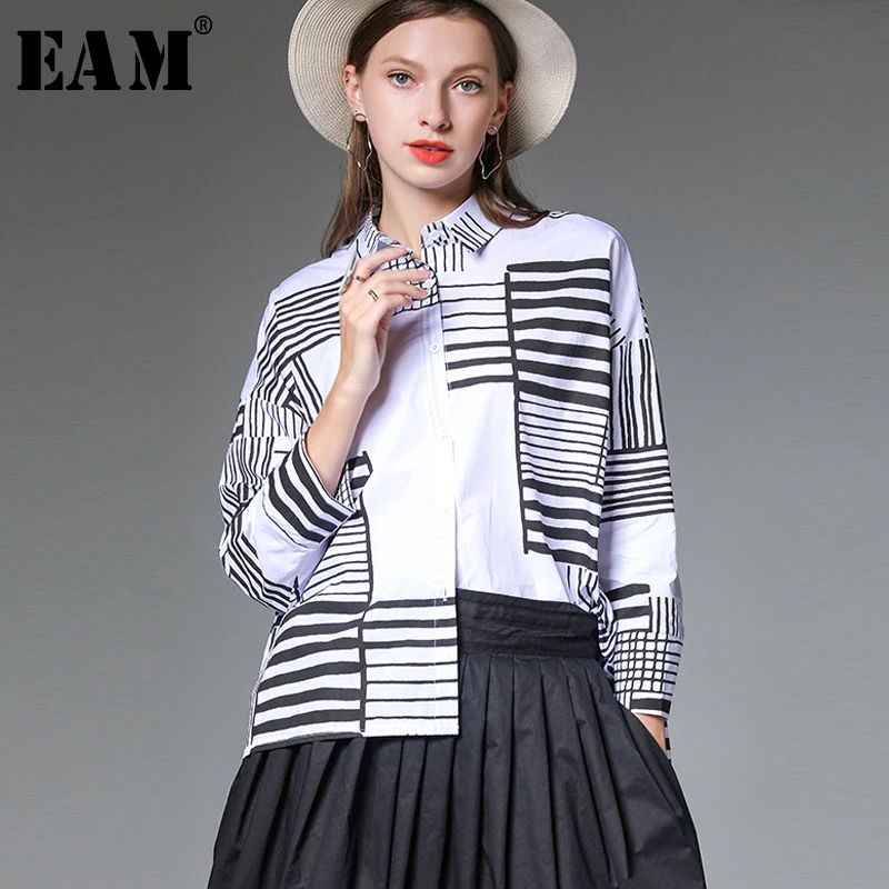 

[EAM] 2019 New Spring Autumn Lapel Nine-quarter Sleeve Button Striped Printed Loose Shirt Women Blouse Fashion All-match Tide