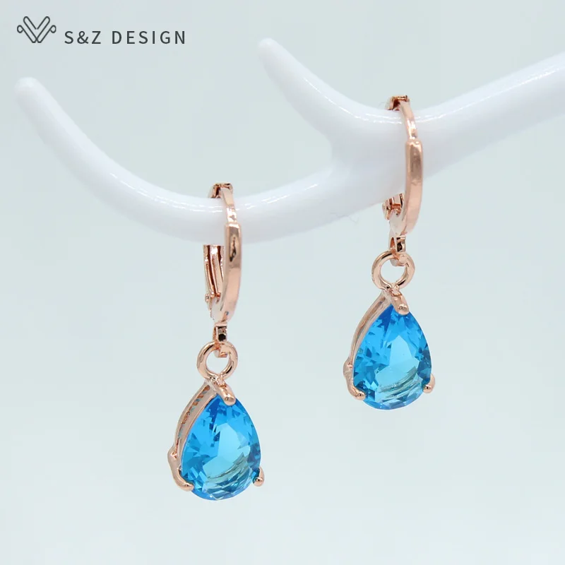 S&Z New 8 Color Zircon 585 Rose Gold Color Water Drop Earrings Korean For Women Fashion Jewelry - Окраска металла: sea blue