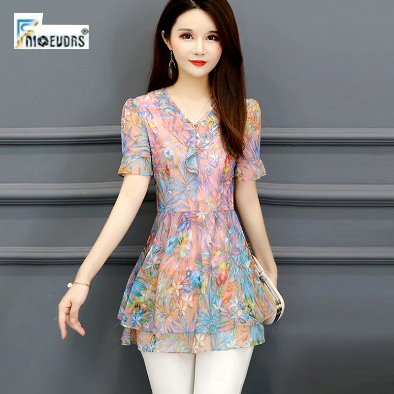 

Chiffon Blouse Shirts Women Summer Flare Sleeve Cute Sweet Office Lady Work Floral Printed Tunic Peplum Top Blouse J36