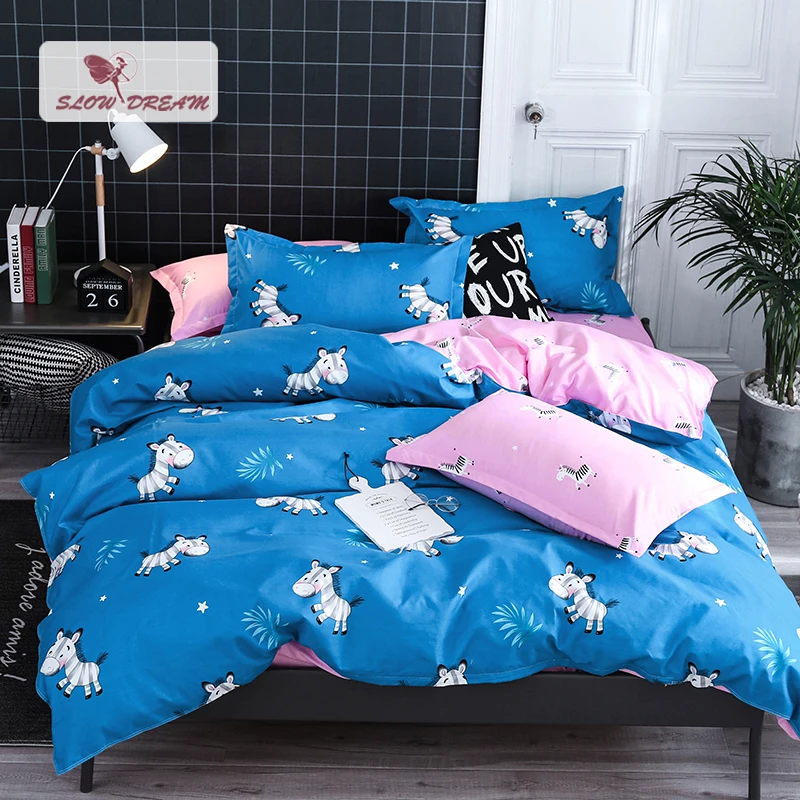 SlowDream Bedding Set Cartoon Zebra Duvet Cover Bedspread Flat Sheet Pillowcase Linens 3/4PCS Adult Child Comforter | Дом и сад