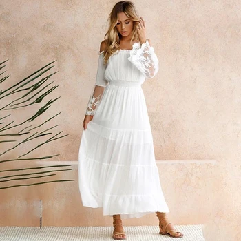 

Strapless Long Sleeve Loose Sexy Off Shoulder Lace Boho Women Maxi Dress Women White Beach Dress