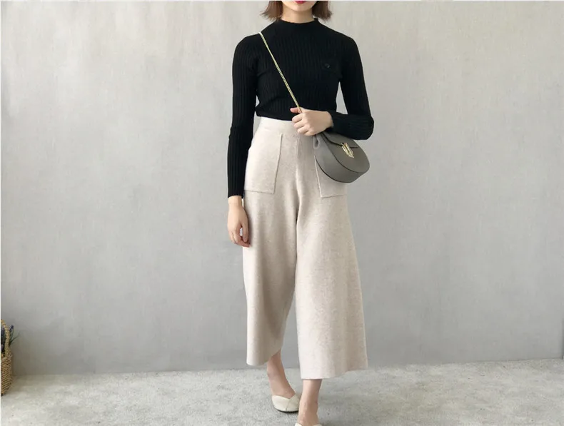 Calientes Innasofan Con Para Mujeres Pantalón Pantalones Ancho Euroamericana invierno caqui Cintura Moda Punto De Bolsillos Otoño Chic Negro Las gris Alta ZqwZra
