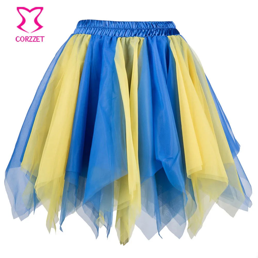Синий желтый Многоуровневая Асимметричный сетки Для женщин мини-юбка Тюль Хеллоуин костюм юбка Сексуальная рюшами Юбки для женщин Для женщин S rokken Jupe