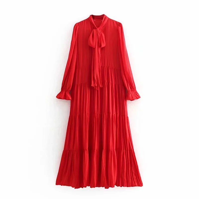 

Red Women Twill Stain Dress 2019 Spring-Autumn Womens Layered Pleated Dresses Ladies Bow Elegant Party Dress Girls Chic vestidos