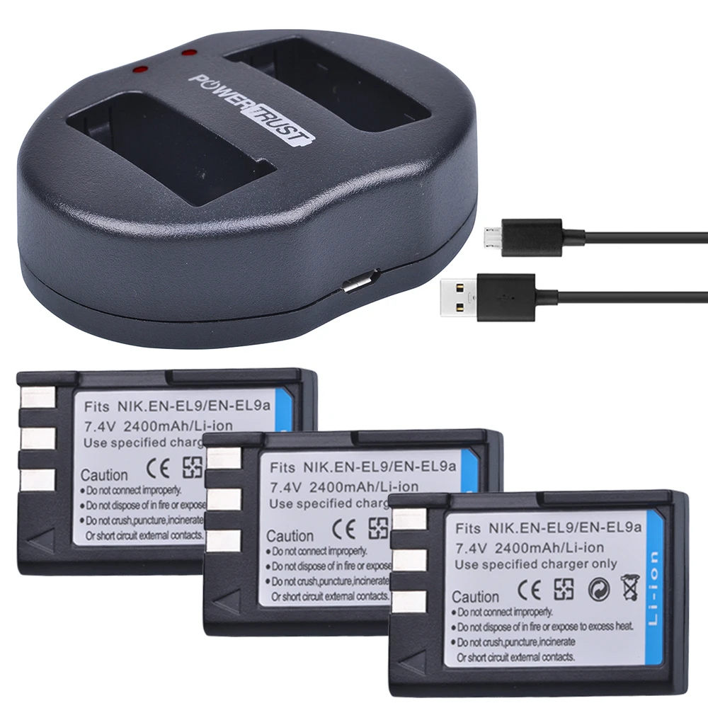 

PowerTrust 3Pcs 2400mAh EN-EL9 EN-EL9a EN EL9 EN EL9a battery +Dual USB Charger for Nikon ENEL9 D40 D60 D40X D5000 D3000