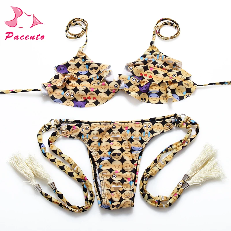 2018 Women Sexy Funny Emoji Printed Halter Wave Crop Top Bikini Set