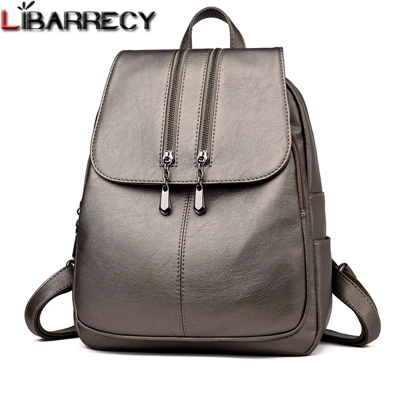  Casual Double Zipper Backpack Female Large Capacity School Bag for Girl Brand Leather Shoulder Bag  - 32908622156