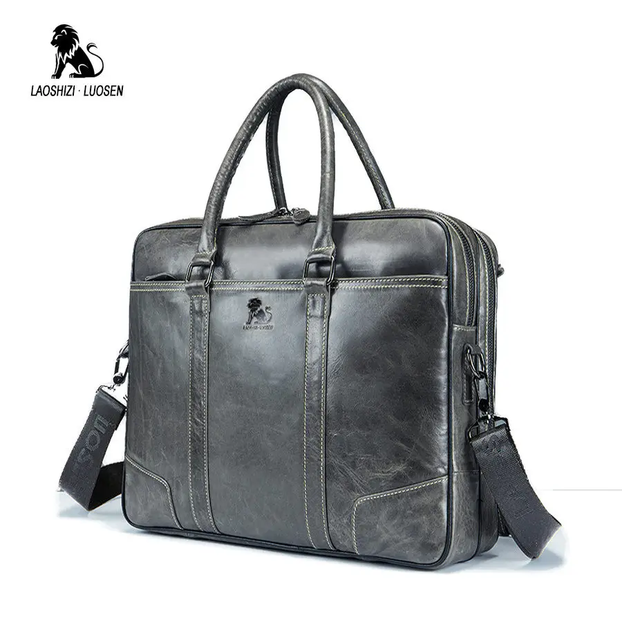 LAOSHIZI LUOSEN Genuine Leather Bag Men Laptop Men Handbag Cow Leather Large Travel Leather