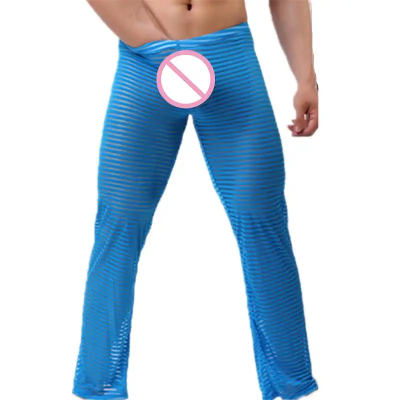Мужские сексуальные прозрачные штаны для отдыха, пижамы для геев, забавные полосатые длинные пижамные штаны, удобные штаны для сна - Цвет: blue
