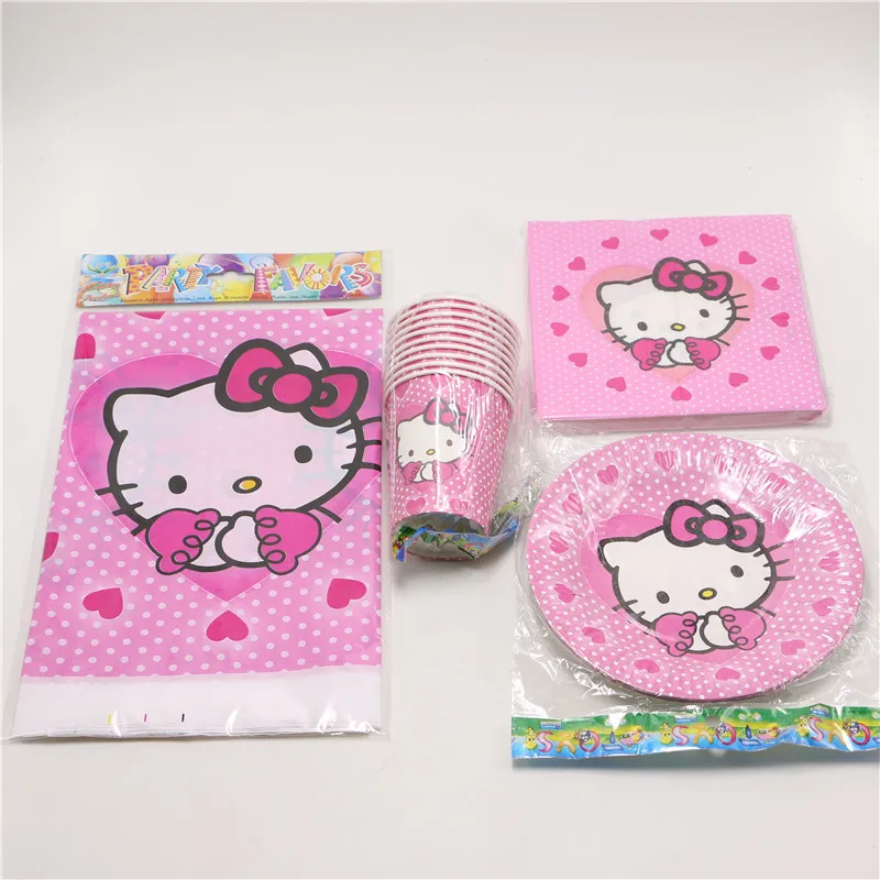 

41pcs/lot Kids Girls Baby Birthday Decoration Hello Kitty Theme Disposable Party Set paper cup napkins plastic table cover
