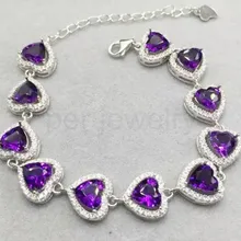 Натуральный браслет-цепочка с аметистом,, натуральный настоящий аметист, Стерлинговое Серебро 925 пробы, 0.7ct* 11 шт, драгоценные камни в стиле сердца