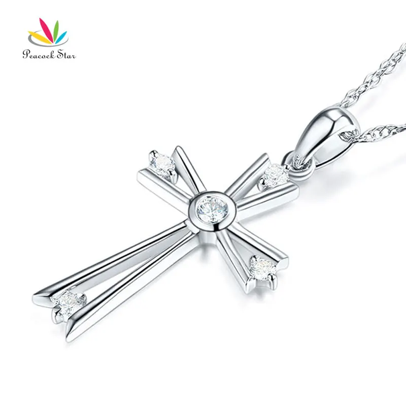 

Peacock Star Fine 14K White Gold Cross Pendant Necklace 0.21 Ct Diamond Jewelry