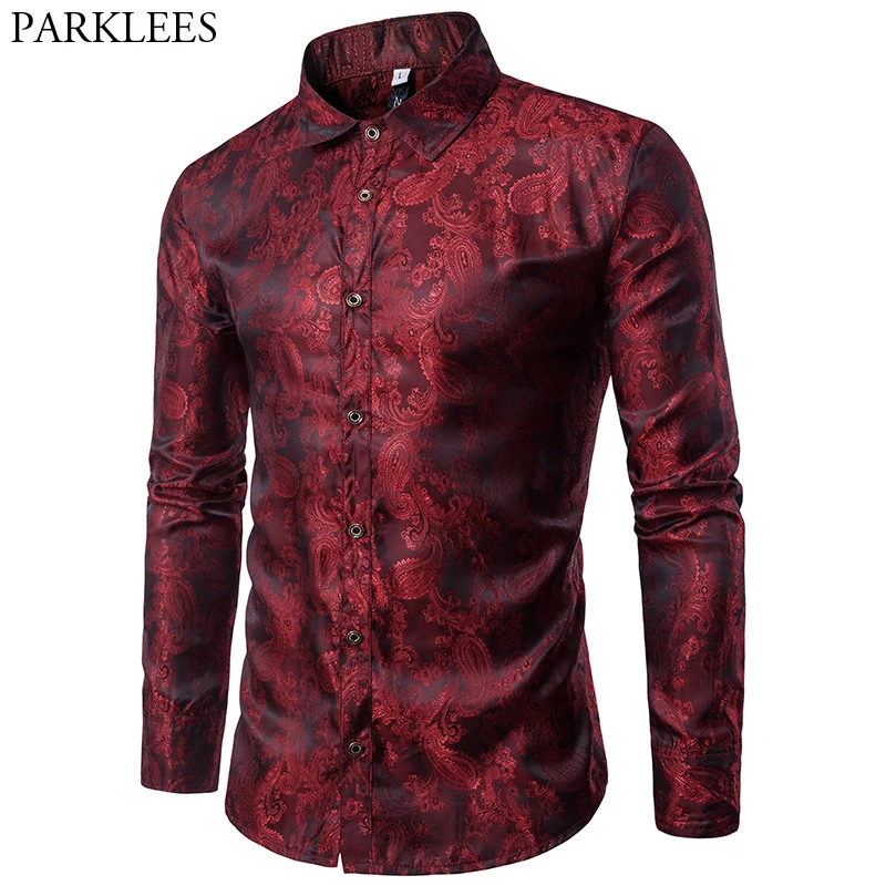 

Wine Red Paisley Floral Bronzing Silk Shirt Men Brand Slim Fit Long Sleeve Thin Dress Shirts Mens Party Event Social Shirt Male