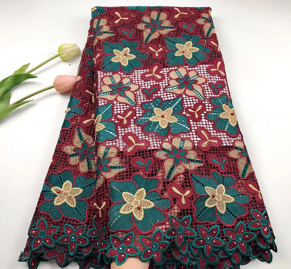 

Latest Wine color African Lace Fabric 2019 High Quality Nigerian French Guipure Cord Lace fabric With Stone Beads For Wedding