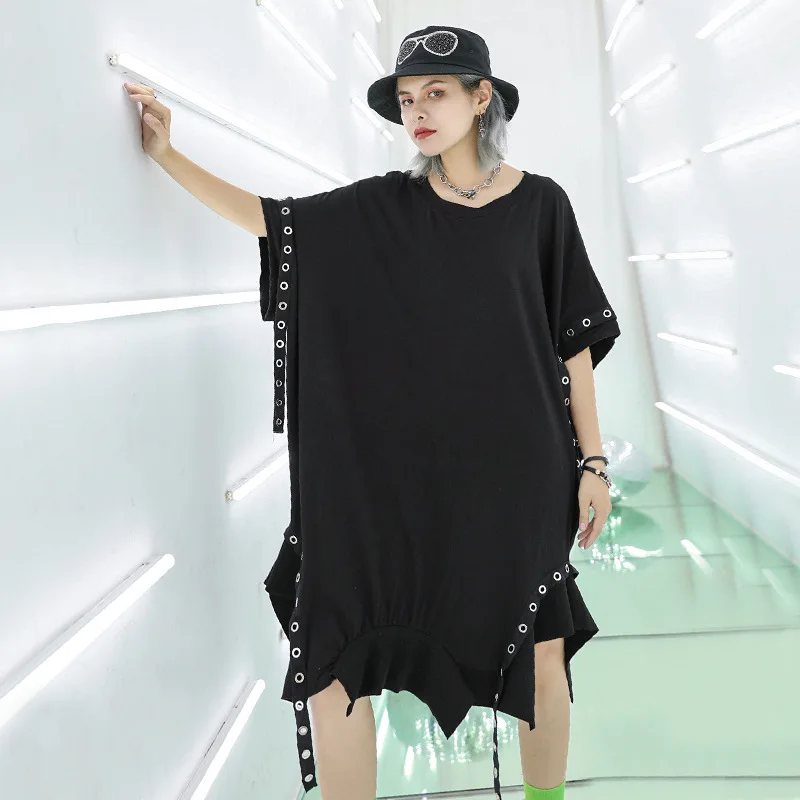 COOL Sequined Hole Ribbon Black Tshirt Women Irregular Hem Casual Plus Size Hip Hop Ladies Long Streetswear Oversized Tees Tops | Женская
