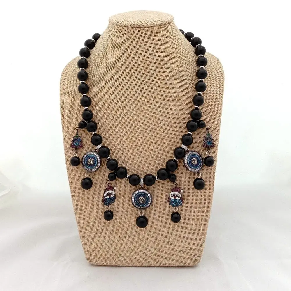 

20'' 12MM Round Onyx Necklace CZ Pave Pendant
