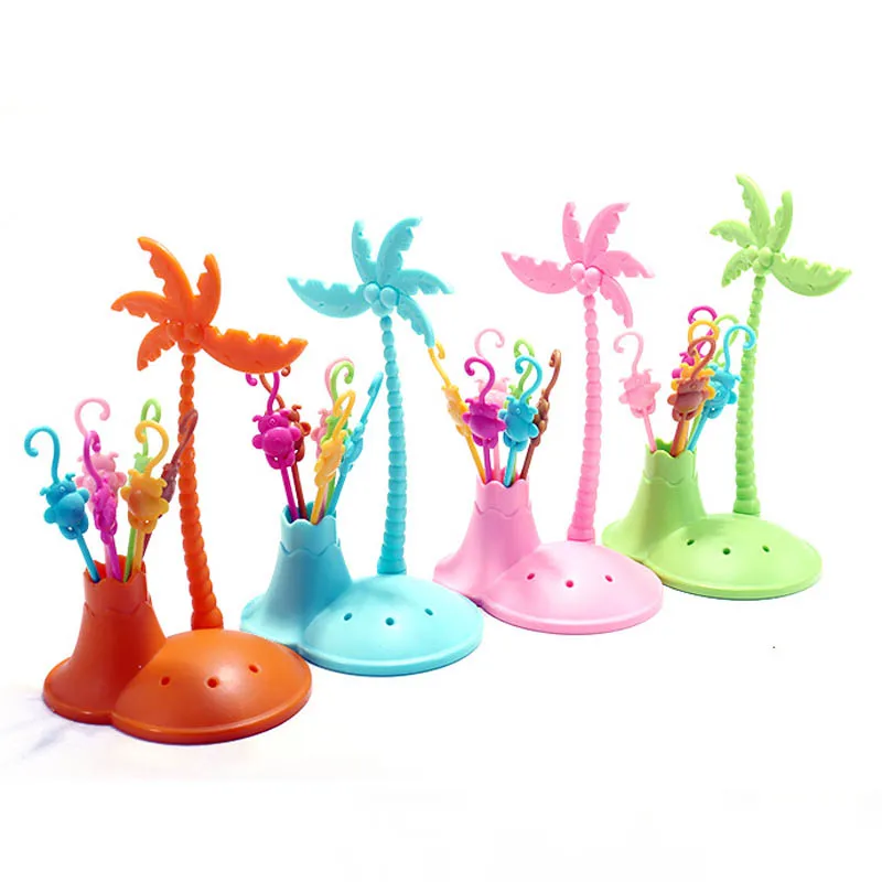 FHEAL Cute Coconut Tree Monkeys Creative Fruit Fork Set Plastic Fruit Forks Vegetable Fruit Dessert Fork Set Toothpick Holder (2)