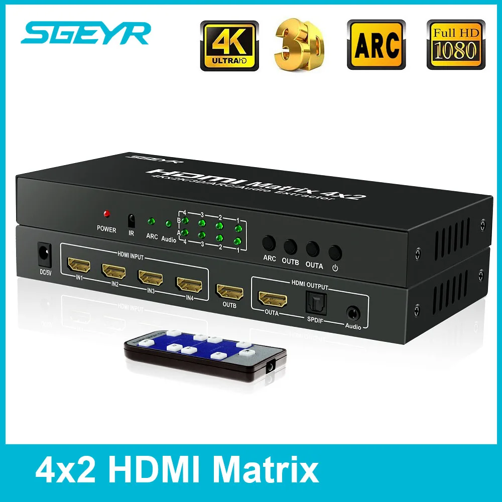 HDMI Matrix SGEYR 4x2 HDMI Matrix Switch Splitter 4Kx2K 4 in 2 Out HDMI Switcher with 3.5mm Audio Extractor+Optical HDMI Matrix SGEYR 4x2 HDMI Matrix Switch Splitter 4Kx2K 4 in 2 Out HDMI Switcher with 3.5mm Audio Extractor+Optical