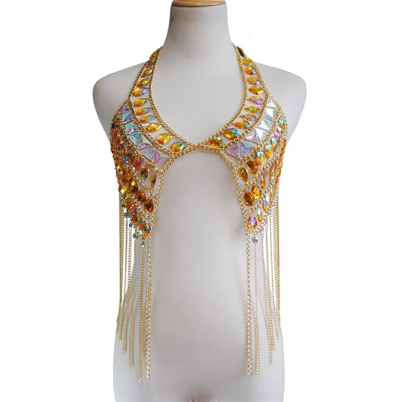 New Top Design Shinny Rhinestones Tank Tops Gold Metal Chain Tassel Tops Rave Festival Adjustable Backless Sexy Tops For Women