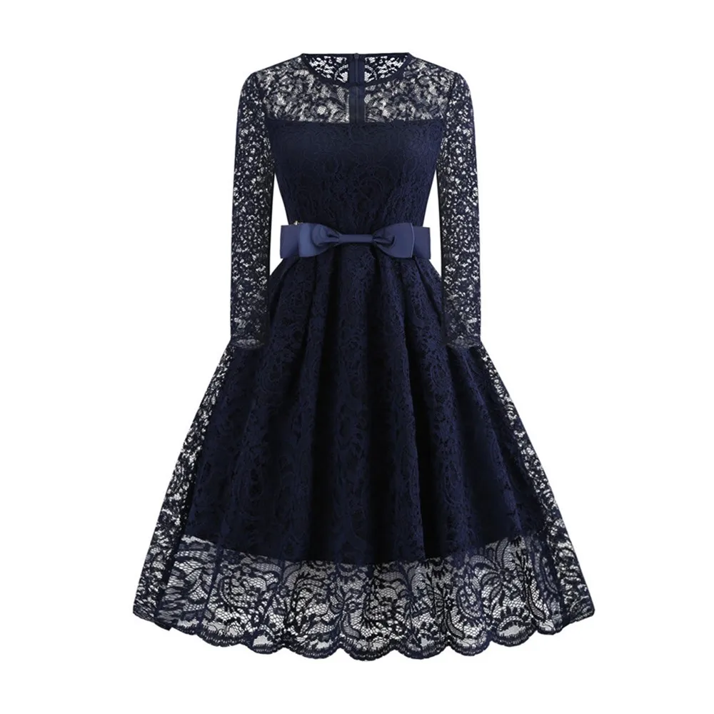

Vintage Sexy Lace Dress Women Autumn Hollow Bowknot Belt Slim Pleated Office Ladies Elegant Prom Evening Blue Swing Midi Dresses