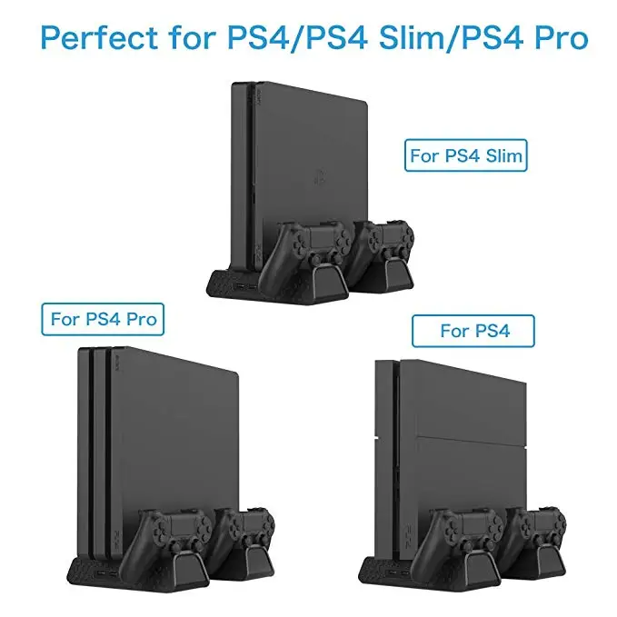  PS4/PS4 Slim/PS4 PRO Vertical Stand with Cooling Fan Cooler Dual Controller Charger Charging Statio