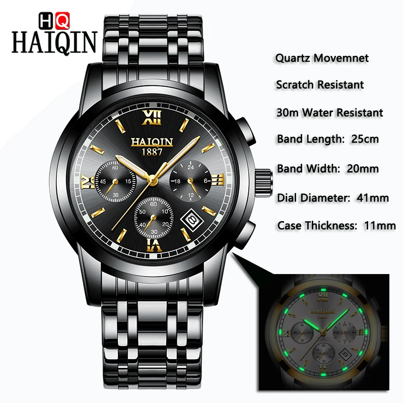 HAIQIN Stainless Steel Quartz Watches Men Luxury Brand Chronograph Business Wristwatch Waterproof Quartz Wristwatch Mens Clock