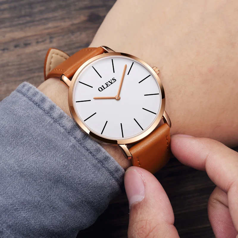 

OLEVS Men's Watches Brand Luxury Quartz Sport Watch Genuine Leather Simple ultra thin Men Watch Wristwatch relogio masculino