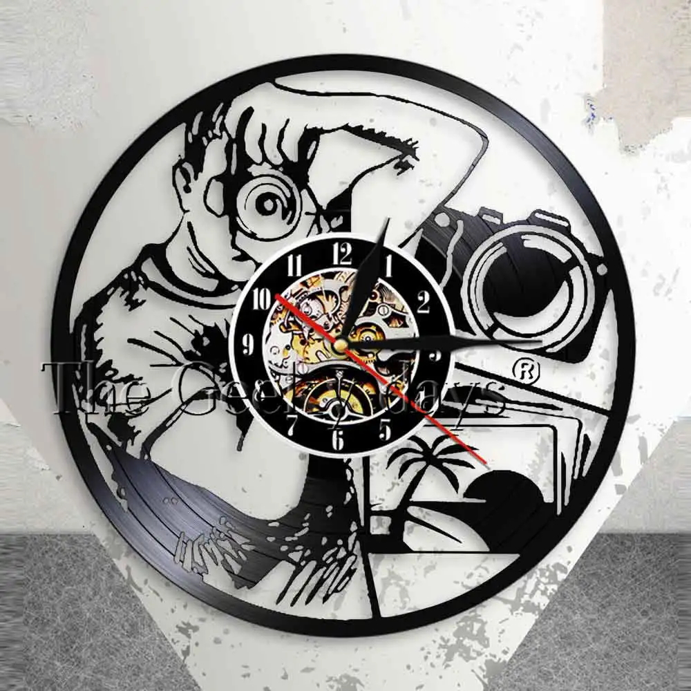 

Photographers Wall Clock Taking Picture with Camera Photography Studio Wall Decor Vinyl Record Clock Shutterbug Cameramen Gift