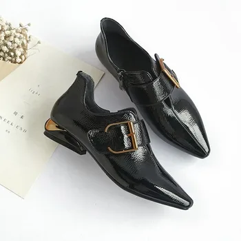 

GPOKHDS 2019 women Pumps soft patent leather autumn spring buckle strap pointed toe black color low heels pumps size 34-42