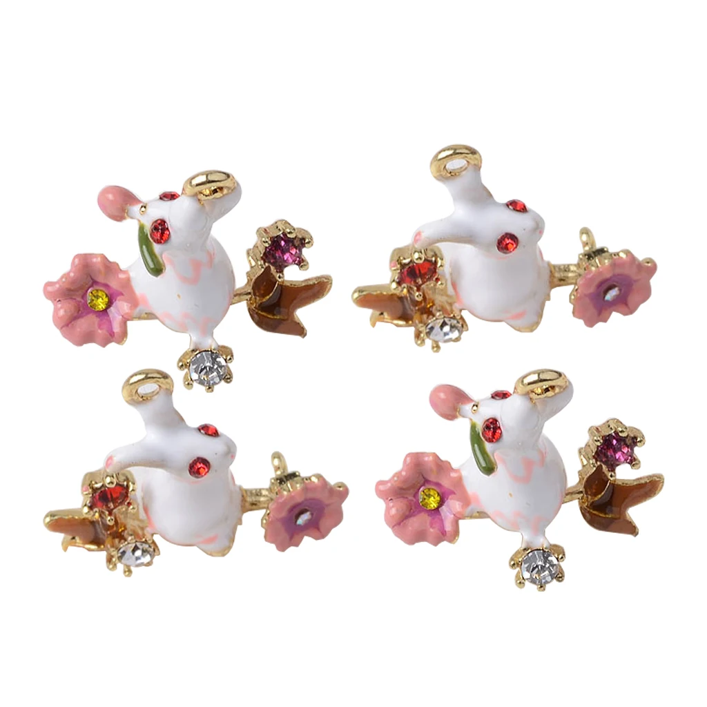 4Pcs Rhinestone Decorated Easter Rabbit with Flower for Hanging Charms Pendants /Earring Findings Crafts/Necklace Bracelets DIY