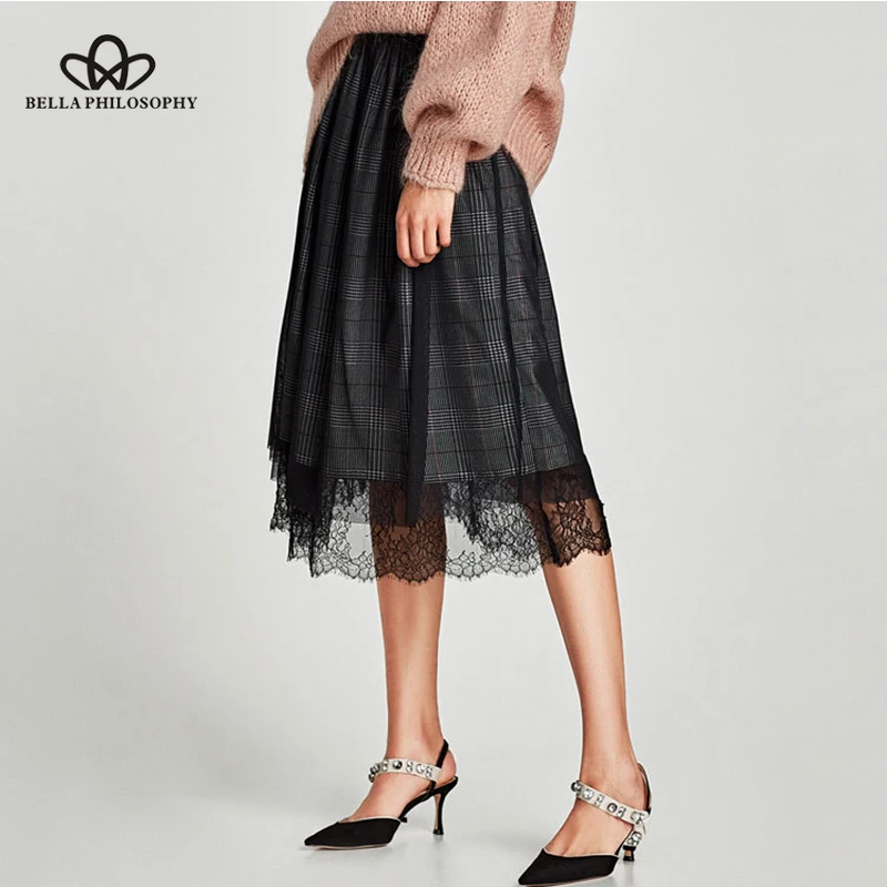 Wonder 2018 Pleated Skirt Women Elastic Waist Double Layer Skirt Female Casual Lace Trim High Waist Bottom Skirt
