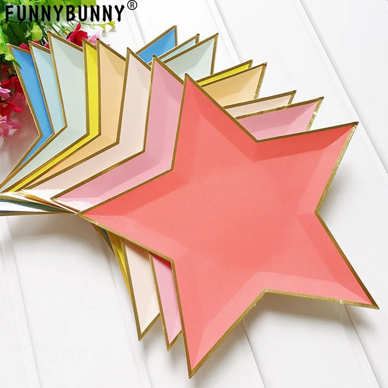 

FUNNYBUNNY 8 Pcs Pentagram Eco-Friendly Paper Plates Disposable Tableware With Sparkly Gold Foil Border For A Tea Party