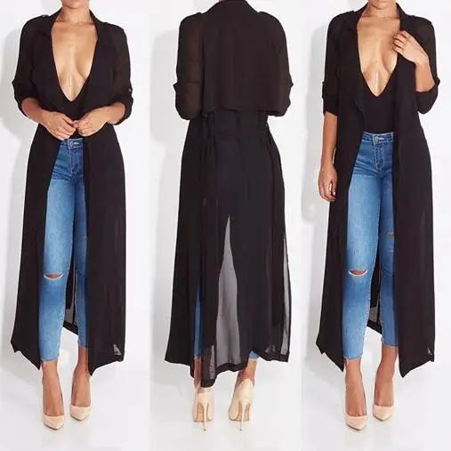 

Summer Women Maxi Dress Black Cape See Through Turn Down Collar Loose Black Dress Women Long Sleeve Chiffon Dress WF415