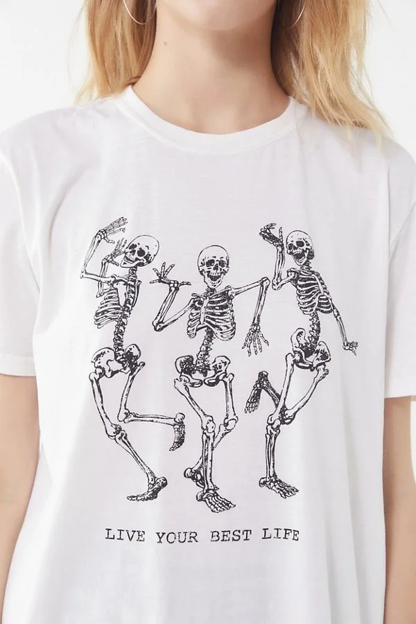 

sunfiz YF Living Your Best Life Skeleton T Shirt Funny Printed Tee Tops Women Short Sleeve O-Neck Fashion Tee Tops