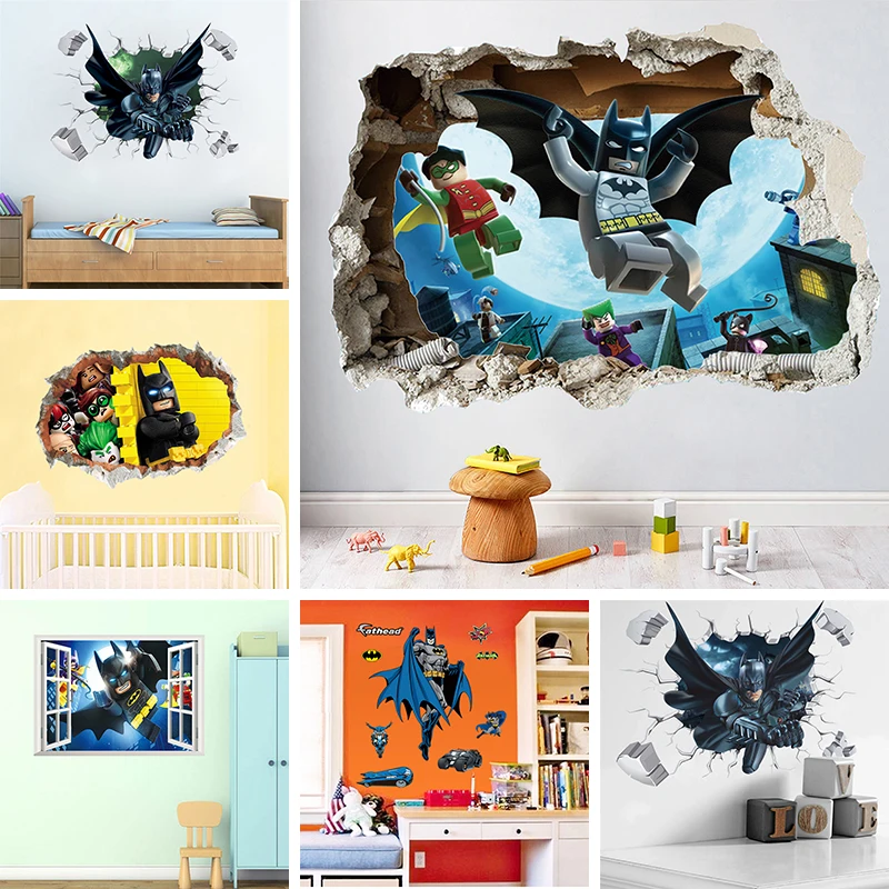 

DC Super Man Batman Broken Window Lego Wall Stickers For Kids Room Decoration Movie 3D Mural PVC Cartoon Decorative Decal