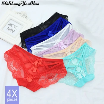 

4pcs Sexy Lace Women's Underwear Sexy Cutout Bow Transparent Crossover Briefs Teenage Temptation Panties