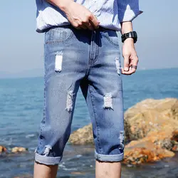 Бренд мужские джинсовые укороченные брюки 2018 Летний Новый дизайнер отверстие сплошной цвет мужской джинсы брюки-карго мужская одежда AFB70