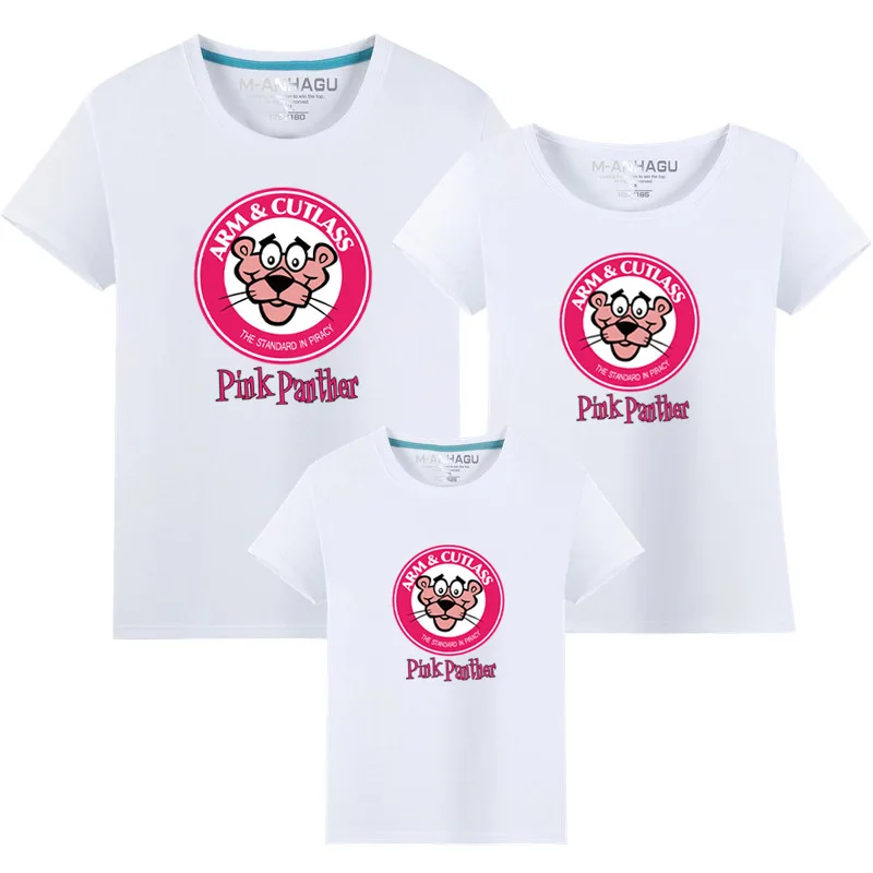 Розовая футболка с принтом Пантеры Летние повседневные топы с короткими рукавами и рисунками из мультфильмов, футболка для мамы и дочки, папы, одежда для маленьких мальчиков и девочек 1 предмет