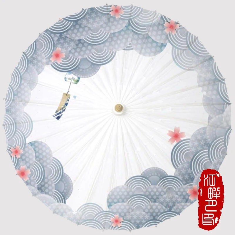 

Pure White Bottom Oil Paper Umbrella Light Blue with Fan Style Paper Parasol Pink Cherry Dot Simple Wedding Paper Umbrella