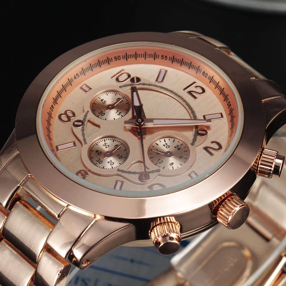 New Fashion Men Dress Watches Top Luxury Quartz Plated Gold Case Multi