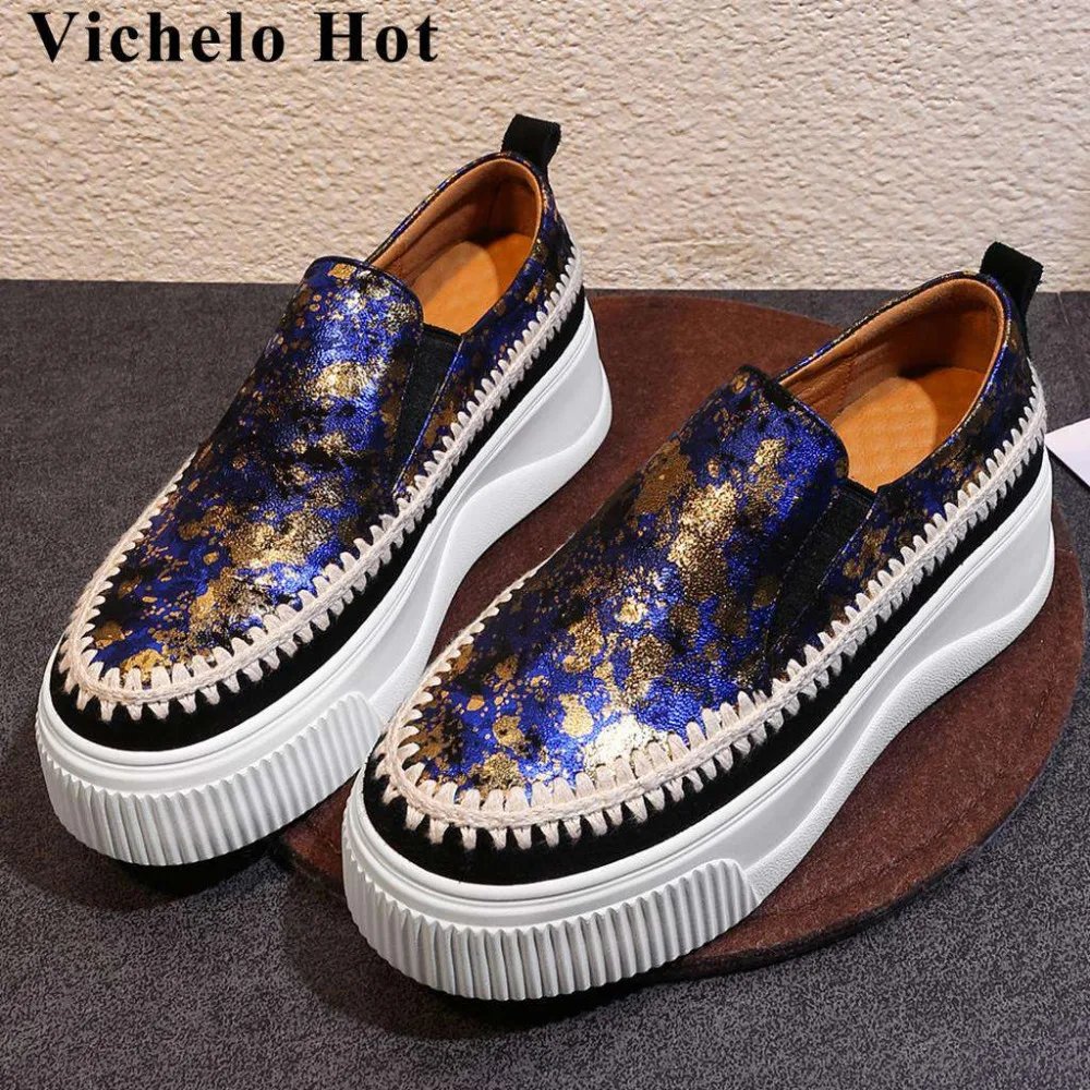 

Large size new arrival luxury cow leather round toe mixed colors slip on loafers med bottom plane platform vulcanized shoes L28