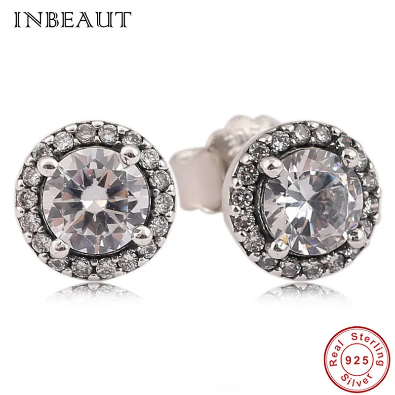 

Vintage Luxury Round White Crystal Stone Stud Earrings Real S925 Cubic Zirconia Wedding Earrings Women Teen Girls Party Jewelry