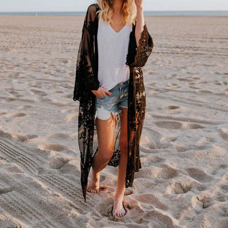 bathing suit wrap Women Beach Cover Up Beach Dress Chiffon Lace Kimono Cover Up Boho Casual Long Sleeve Cardigan Monokini Bathing Lace Dress bikini cover up dress
