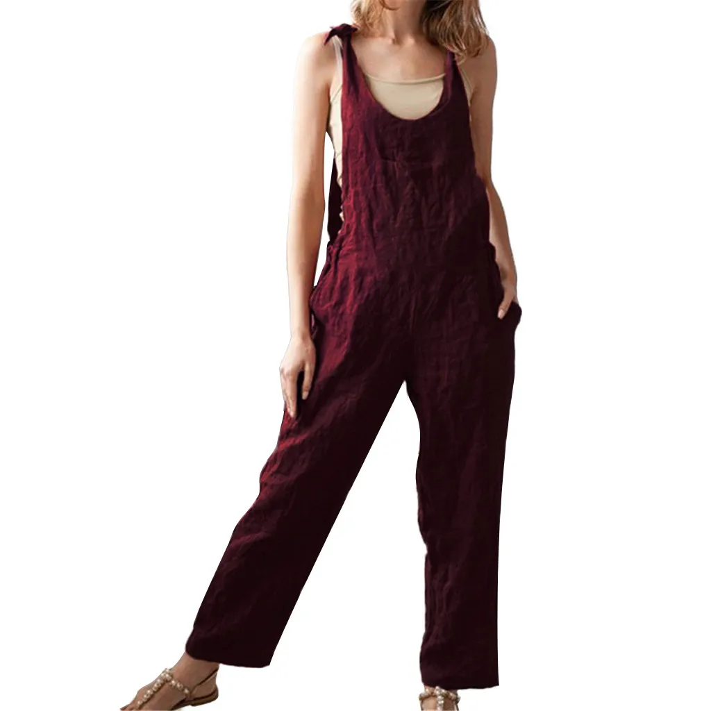 

2019 Trend loose large size jumpsuit ladies summer fashion solid color hot new breathable bow jumpsuit#D18