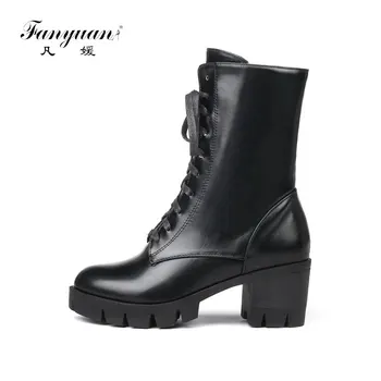 

Fanyuan Plus size 46 thick High heels platform ankle boots 2018 new women boots fashion lace up autumn riding combat snow boots
