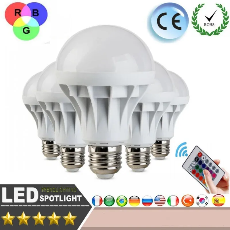 

E27 RGB LED Bulb 7W 9W 16 Color Changeable Lamp LED Spotlight+24Keys IR Remote Control AC85-265V Holiday Lighting bombilla led